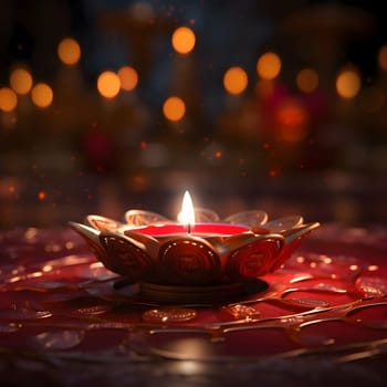 A lit red gold candle on a smudged bokeh background. Diwali, the dipawali Indian festival of light. An atmosphere of joy and celebration.