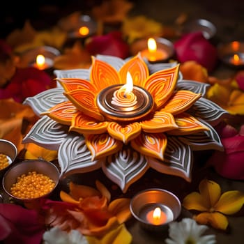Burning candles in the shape of a Lotus flower with rich decorations. Diwali, the dipawali Indian festival of light. An atmosphere of joy and celebration.
