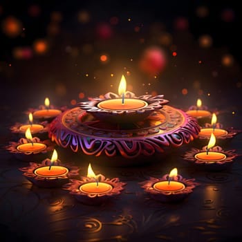 Beautifully Decorated Lotus flower shaped candles on a smudged dark background. Diwali, the dipawali Indian festival of light. An atmosphere of joy and celebration.