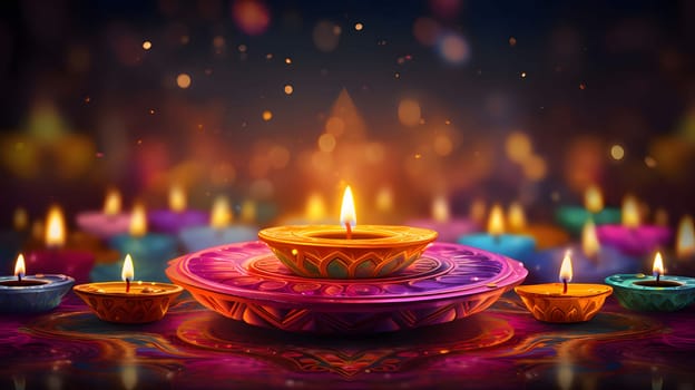 Colorful, ornate, elegantly decorated candles in the shape of a Lotus flower, on a smudged background with a bokech effect. Diwali, the dipawali Indian festival of light. An atmosphere of joy and celebration.