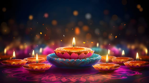 Colorful, ornate, elegantly decorated candles in the shape of a Lotus flower, on a smudged background with a bokech effect. Diwali, the dipawali Indian festival of light. An atmosphere of joy and celebration.