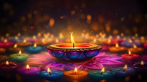 Colorful, ornate, elegantly decorated candles in the shape of a Lotus flower, on a smudged background with a bokech effect. Diwali, the dipawali Indian festival of light. An atmosphere of joy and celebration.