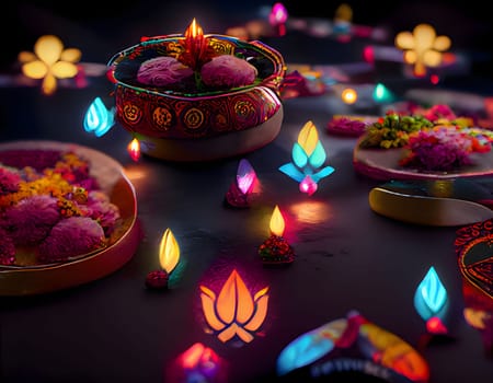 Decorated elegantly with Lotus flowers and candles stus an Indian, Hindu feast. Diwali, the dipawali Indian festival of light. An atmosphere of joy and celebration.