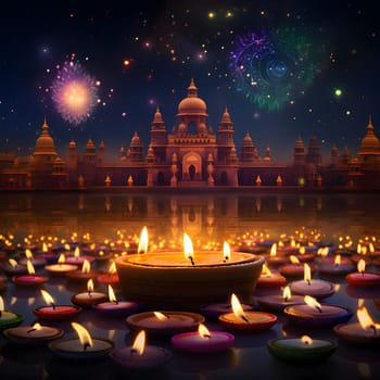 Burning hundreds of small candles against the backdrop of a Hindu, temple and fireworks shooting in the night sky. Diwali, the dipawali Indian festival of light. An atmosphere of joy and celebration.