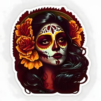 Sticker of a woman with long hair and skull makeup on her face with flowers in her hair. For the day of the dead and halloween, white isolated background. An atmosphere of death and solemnity.