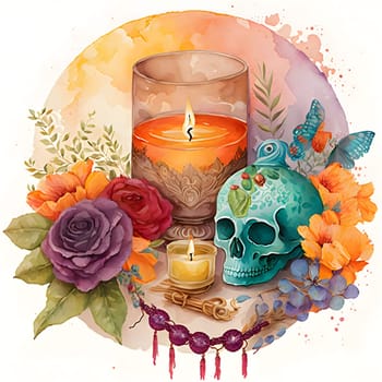 Human skull, two candles and flowers decorating. For the day of the dead and halloween, white isolated background. An atmosphere of death and solemnity.