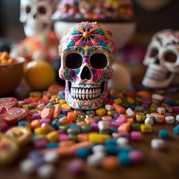 Colorful human skull around it colorful tablets. Blurred background. For the day of the dead and Halloween. Atmosphere of death and solemnity.