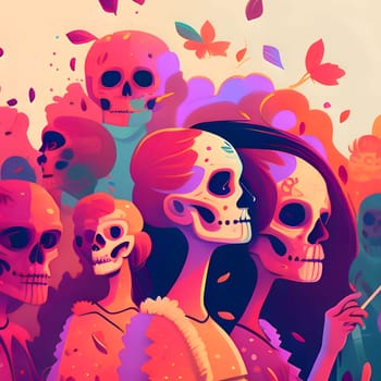 Colorful skeletons, abstract people as corpses. For the day of the dead and Halloween. Atmosphere of death and solemnity.
