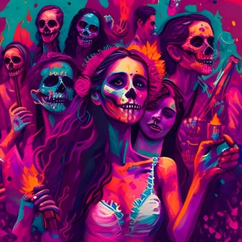 Dark images of people wearing skull skeleton masks on a colorful pink background. For the day of the dead and Halloween. Atmosphere of death and solemnity.