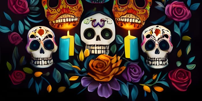 Small caricature human skulls all around, flowers, leaves and two burning candles. For the day of the dead and Halloween. Atmosphere of death and solemnity.