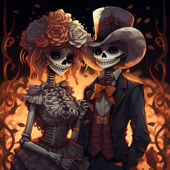 Two elegantly dressed skeletons. For the day of the dead and Halloween. Atmosphere of death and solemnity.