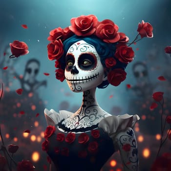 Monster, death, woman with sewn mouth decorated with roses on dark gray background. For the day of the dead and Halloween. Atmosphere of death and solemnity.