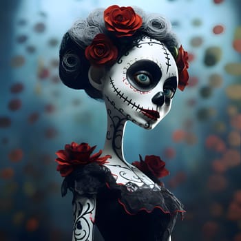 Monster, death, woman with sewn mouth decorated with roses on dark gray background. For the day of the dead and Halloween. Atmosphere of death and solemnity.