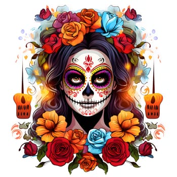 Dark painted face of a woman with sewn lips, head decorated with colorful roses. For the day of the dead and Halloween, white isolated background. An atmosphere of death and solemnity.