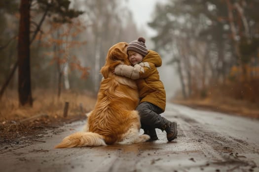 A child hugs a large dog around the neck and cries in the middle of a damp street