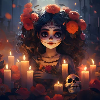 A girl with a painted face around candles, flowers, roses and a human skull. For the day of the dead and Halloween. Atmosphere of death and solemnity.