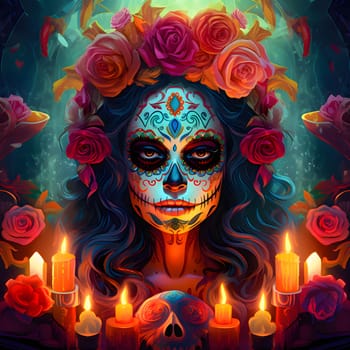 Face of a woman with a painted face, hair decorated with roses, candles burning all around. For the day of the dead and Halloween. Atmosphere of death and solemnity.