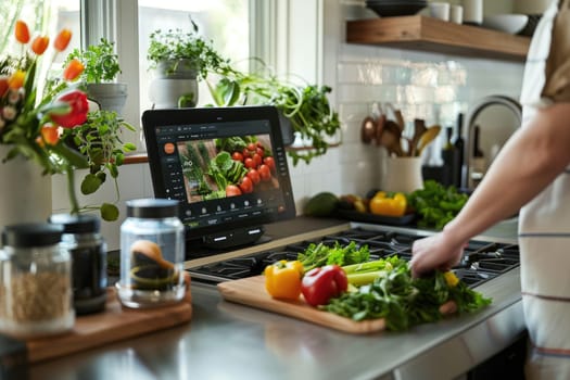 A person follows a recipe on a smart display in their kitchen