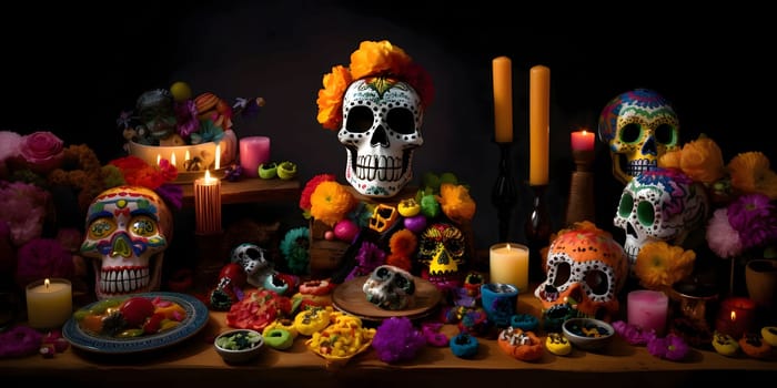 Richly decorated feast; human skulls, candles, flowers. For the day of the dead and Halloween. Atmosphere of death and solemnity.