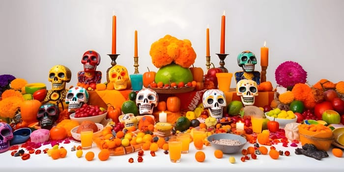 Richly set feast; orange juices, human skulls, candles, flowers. For the day of the dead and Halloween. Atmosphere of death and solemnity.