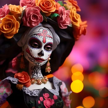 Woman with decorated painted face, elegant party outfit, roses flowers in hair, blurred background. For the day of the dead and Halloween. Atmosphere of death and solemnity.
