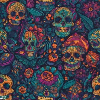 Elegant and modern. Colorful painted skulls with orange flowers as abstract background, wallpaper, banner, texture design with pattern - vector. Dark colors.