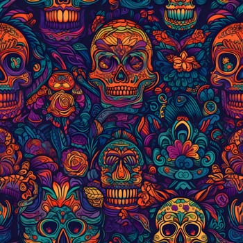 Elegant and modern. Colorful painted skulls with orange flowers as abstract background, wallpaper, banner, texture design with pattern - vector. Dark colors.