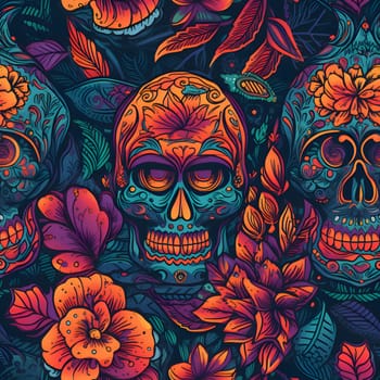 Elegant and modern. Colorful painted skulls with orange flowers as abstract background, wallpaper, banner, texture design with pattern - vector. Dark colors.