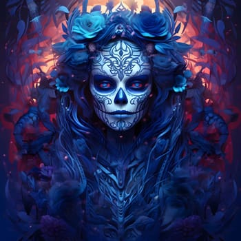 Woman in makeup, skull death mask, blue decorations, flowers, background. For the day of the dead and Halloween. Atmosphere of death and solemnity.