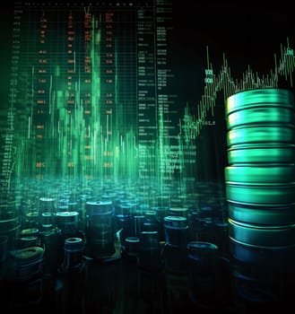 Stock Market: 3d rendering of a pile of oil barrels with data on the background