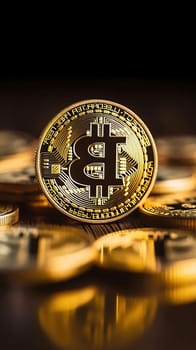 Stock Market: Bitcoin on the background of coins. Bitcoin is a modern way of exchange and this crypto currency is a convenient means of payment in the financial