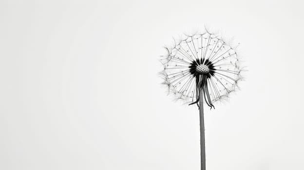 Black and white image of a dandelion seed head.