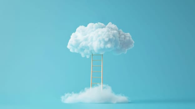 Ladder reaching into a fluffy cloud on a blue background.