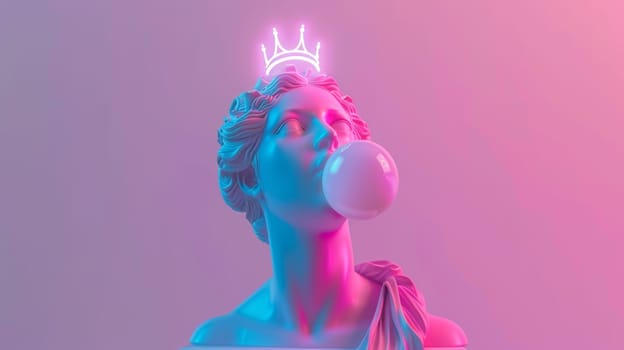 Neon-colored statue of a classical figure with a crown blowing a bubble gum.