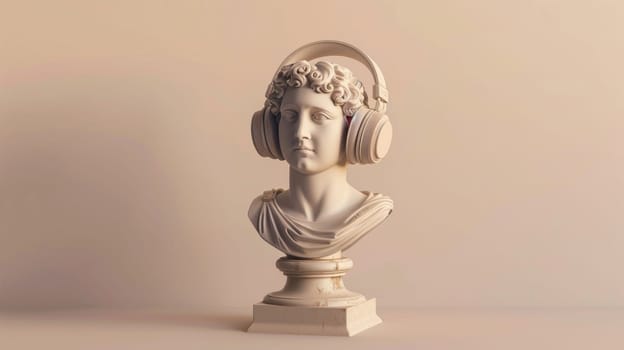 Classical sculpture with modern headphones on pastel background.
