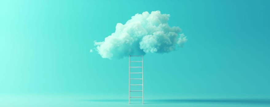 Ladder reaching a fluffy cloud on a blue background.