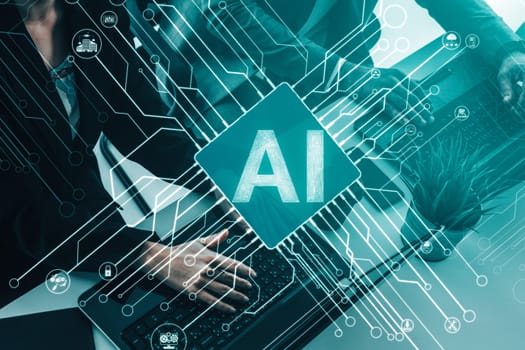 AI Learning and Artificial Intelligence Concept - Icon Graphic Interface showing computer, machine thinking and AI Artificial Intelligence of Digital Robotic Devices. uds