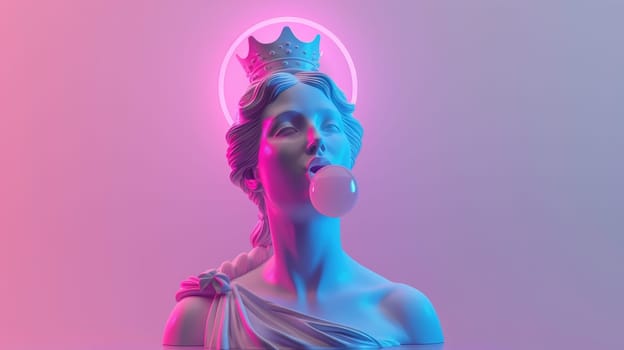Modern reinterpretation of classical sculpture with neon colors, crown and bubble gum.