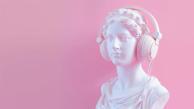 Classical sculpture of Venus wearing modern headphones on a pink background.