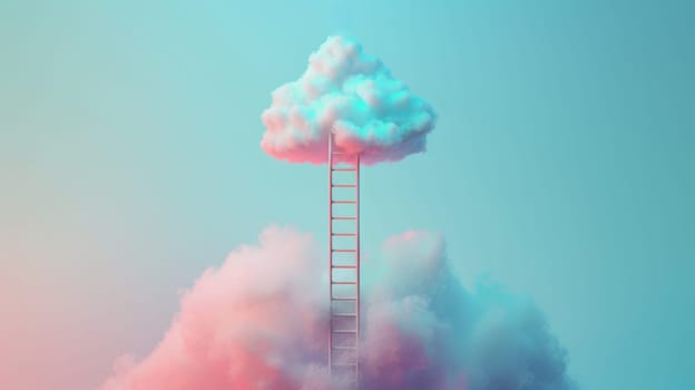 Ladder reaching towards a fluffy pink and blue cloud.