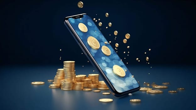 Stock Market: Smartphone with gold coins flying on blue background. 3D rendering