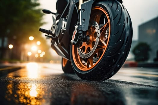 Close up shot of a tire of a motorcycle going on the road with a motion blur