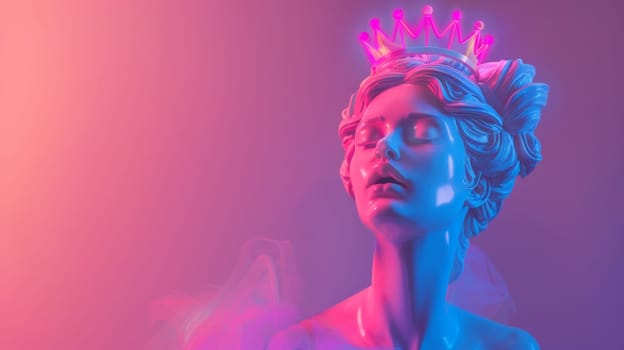 Neon colored statue of a woman with a crown.