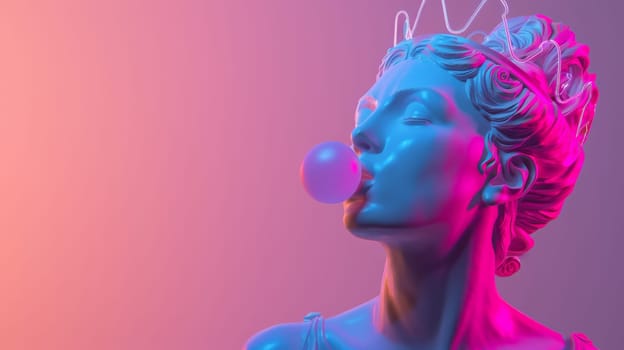 Bust of a woman with a crown with neon lighting blowing a pink bubble gum.