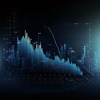 Stock Market: financial chart on virtual screen over cityscape background. 3d rendering