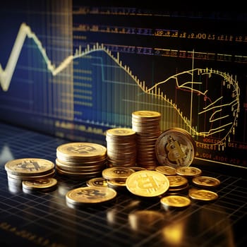 Stock Market: golden coins with stock market graph on the background. 3d illustration