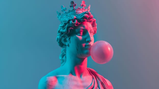 Surreal depiction of a classical statue with a crown blowing a bubble gum.