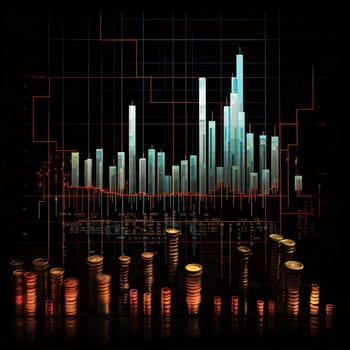 Stock Market: Investment concept, Coins graph stock market 3d render on black background