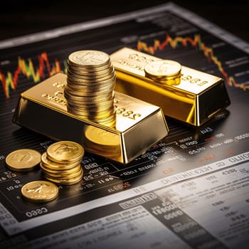 Stock Market: Gold bars and coins on the background of the financial chart. Business concept.