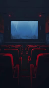 Empty cinema hall with red seats facing a large screen showing an underwater scene.